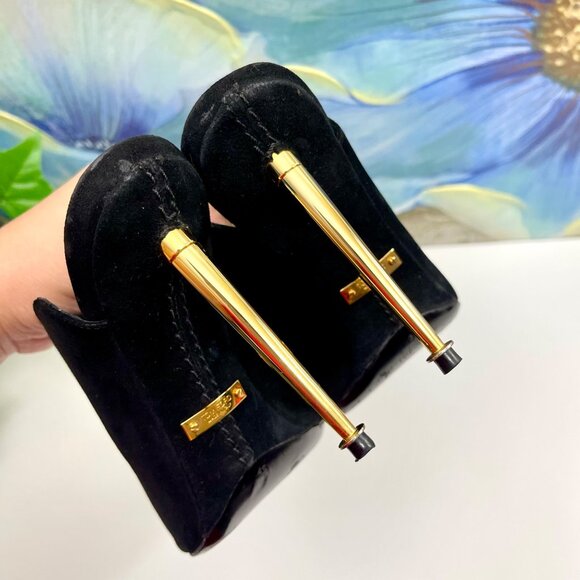 Tom Ford Black Suede Peep-Toe Mules With Gold Stiletto Heel Size 35 - Picture 7 of 12